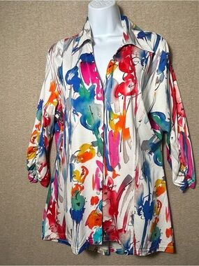 SNOSKINS Shirt Womens XL 3/4 Ruched Sleeves Colorful Watercolor Floral Tunic